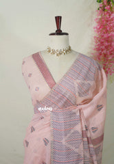 Pastel Blush Peach - Muslin Silk with Kantha Stich Weaving Pallu and Border with Buttas - Perfect for Office Wear