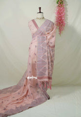 Pastel Blush Peach - Muslin Silk with Kantha Stich Weaving Pallu and Border with Buttas - Perfect for Office Wear