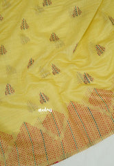 Pastel Mustard Glow - Muslin Silk with Kantha Stich Weaving Pallu and Border with Buttas - Perfect for Office Wear