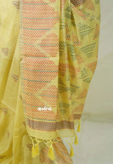 Pastel Mustard Glow - Muslin Silk with Kantha Stich Weaving Pallu and Border with Buttas - Perfect for Office Wear
