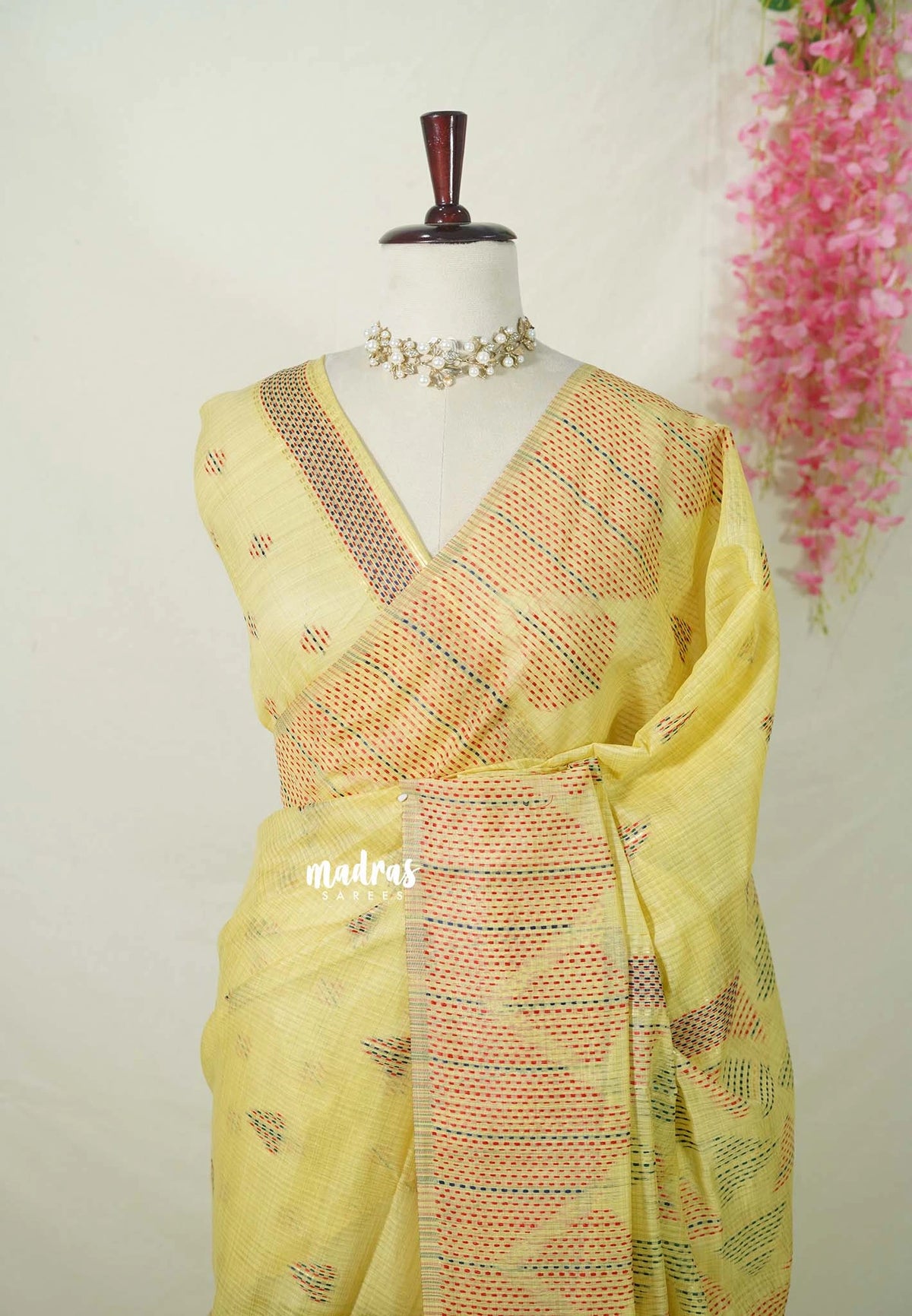 Pastel Mustard Glow - Muslin Silk with Kantha Stich Weaving Pallu and Border with Buttas - Perfect for Office Wear