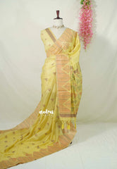 Pastel Mustard Glow - Muslin Silk with Kantha Stich Weaving Pallu and Border with Buttas - Perfect for Office Wear