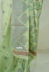 Pastel Pista Green - Muslin Silk with Kantha Stich Weaving Pallu and Border with Buttas - Perfect for Office Wear