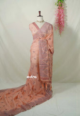 Pastel Rust Peach - Muslin Silk with Kantha Stich Weaving Pallu and Border with Buttas - Perfect for Office Wear