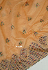 Pastel Peach Orange - Muslin Silk with Kantha Stich Weaving Pallu and Border with Buttas - Perfect for Office Wear