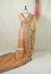Pastel Peach Orange - Muslin Silk with Kantha Stich Weaving Pallu and Border with Buttas - Perfect for Office Wear