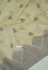 Ivory Cream - Muslin Silk with Kantha Stich Weaving Pallu and Border with Buttas - Perfect for Office Wear