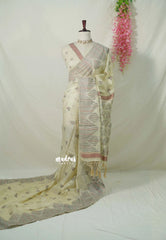 Ivory Cream - Muslin Silk with Kantha Stich Weaving Pallu and Border with Buttas - Perfect for Office Wear