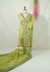 Pastel Lime Green - Muslin Silk with Kantha Stich Weaving Pallu and Border with Buttas - Perfect for Office Wear