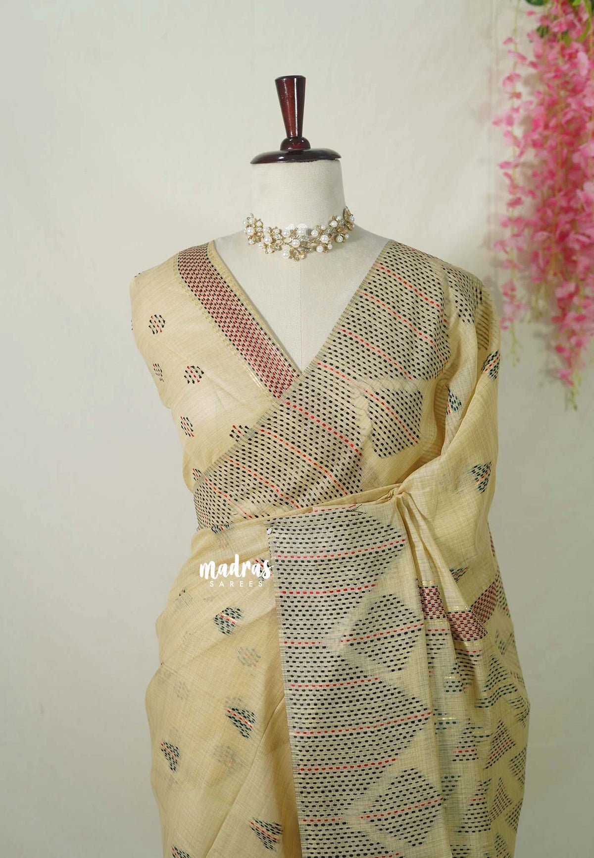 Pastel Sandal Beige - Muslin Silk with Kantha Stich Weaving Pallu and Border with Buttas - Perfect for Office Wear