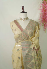 Pastel Sandal Beige - Muslin Silk with Kantha Stich Weaving Pallu and Border with Buttas - Perfect for Office Wear