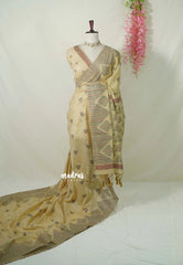 Pastel Sandal Beige - Muslin Silk with Kantha Stich Weaving Pallu and Border with Buttas - Perfect for Office Wear