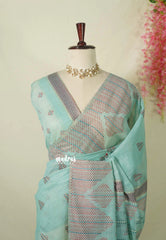 Pastel Aqua - Muslin Silk with Kantha Stich Weaving Pallu and Border with Buttas - Perfect for Office Wear