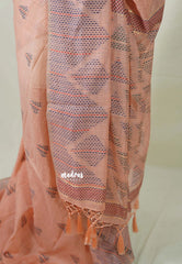 Pastel Rust Peach - Muslin Silk with Kantha Stich Weaving Pallu and Border with Buttas - Perfect for Office Wear