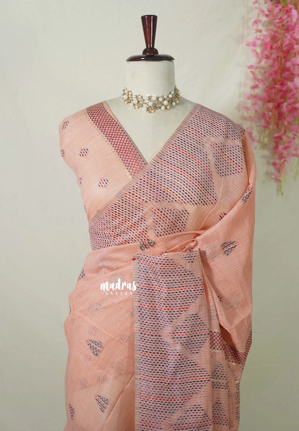 Pastel Rust Peach - Muslin Silk with Kantha Stich Weaving Pallu and Border with Buttas - Perfect for Office Wear