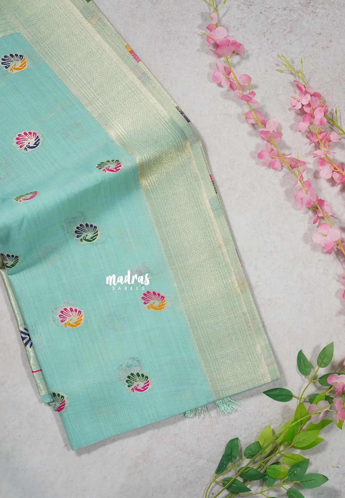 Mild Aqua Green - Soft Muslin Silk with Peacock Buttas and Meenakari Weaving Pallu - Perfect for simple occasions