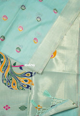 Mild Aqua Green - Soft Muslin Silk with Peacock Buttas and Meenakari Weaving Pallu - Perfect for simple occasions