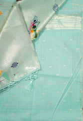Mild Aqua Green - Soft Muslin Silk with Peacock Buttas and Meenakari Weaving Pallu - Perfect for simple occasions