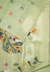 Pista Glow- Soft Muslin Silk with Peacock Buttas and Meenakari Weaving Pallu - Perfect for simple occasions