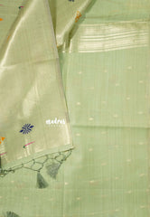Pista Glow- Soft Muslin Silk with Peacock Buttas and Meenakari Weaving Pallu - Perfect for simple occasions
