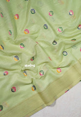 Pista Glow- Soft Muslin Silk with Peacock Buttas and Meenakari Weaving Pallu - Perfect for simple occasions