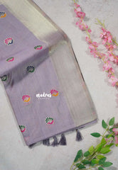 Lavender Mist - Soft Muslin Silk with Peacock Buttas and Meenakari Weaving Pallu - Perfect for simple occasions