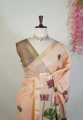 Pastel Peach Orange - Soft Muslin Silk Saree with Lotus Weave & Small Border | Elegant Office Wear Saree