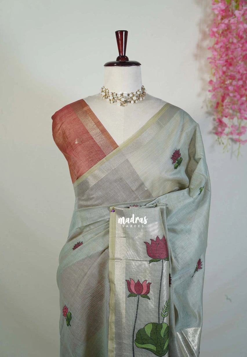 Stone Grey - Soft Muslin Silk Saree with Lotus Weave & Small Border | Elegant Office Wear Saree