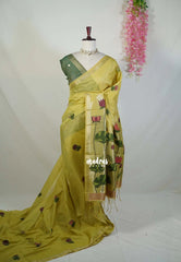 Light Yellowish Green - Soft Muslin Silk Saree with Lotus Weave & Small Border | Elegant Office Wear Saree