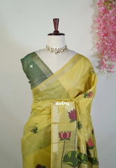 Light Yellowish Green - Soft Muslin Silk Saree with Lotus Weave & Small Border | Elegant Office Wear Saree