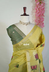 Light Yellowish Green - Soft Muslin Silk Saree with Lotus Weave & Small Border | Elegant Office Wear Saree