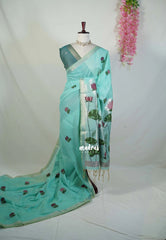 Turquoise Blue - Soft Muslin Silk Saree with Lotus Weave & Small Border | Elegant Office Wear Saree