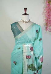 Turquoise Blue - Soft Muslin Silk Saree with Lotus Weave & Small Border | Elegant Office Wear Saree