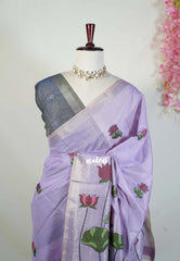 Lavender Glow - Soft Muslin Silk Saree with Lotus Weave & Small Border | Elegant Office Wear Saree