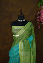 (PRE-BOOKING) Turquoise Blue - Soft Organza silk with stripes weaving with satin border - Perfect for Office Wear | casual wear | Tea party