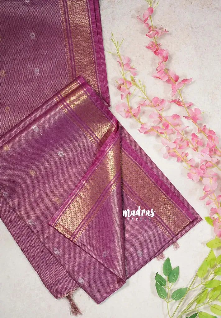 Magenta Purple - Soft Tissue Khadi Zari Border with Buttas - Best for Evening Functions