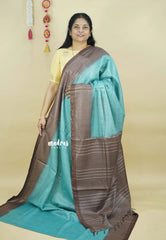 Earthy Aqua Blue - Soft Tissue khadi zari Border with buttas - Best for birthday function