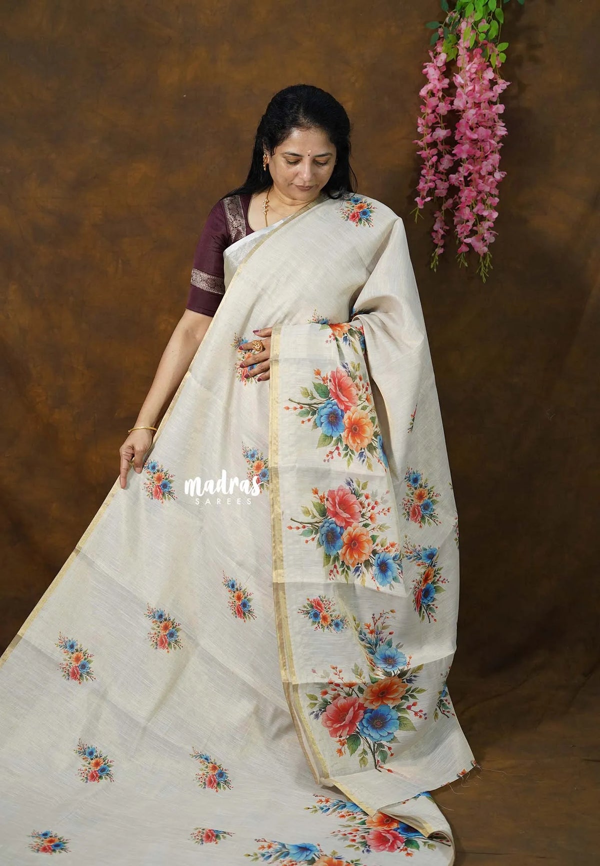 Beige with Golden Shade - ANJALI - Soft Tissue linen Saree with Digital Prints - Perfect for Festive Wear