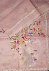 Blush Pink - ANJALI - Soft Tissue linen Saree Petite Embroidery with Scallop - Perfect for Festive Wear
