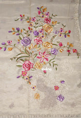 Taupe - ANJALI - Soft Tissue linen Saree Petite Embroidery with Scallop - Perfect for Festive Wear