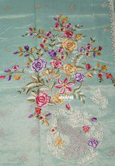 Creamy Seafoam Green - ANJALI - Soft Tissue linen Saree Petite Embroidery with Scallop - Perfect for Festive Wear
