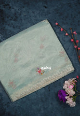 Creamy Seafoam Green - ANJALI - Soft Tissue linen Saree Petite Embroidery with Scallop - Perfect for Festive Wear