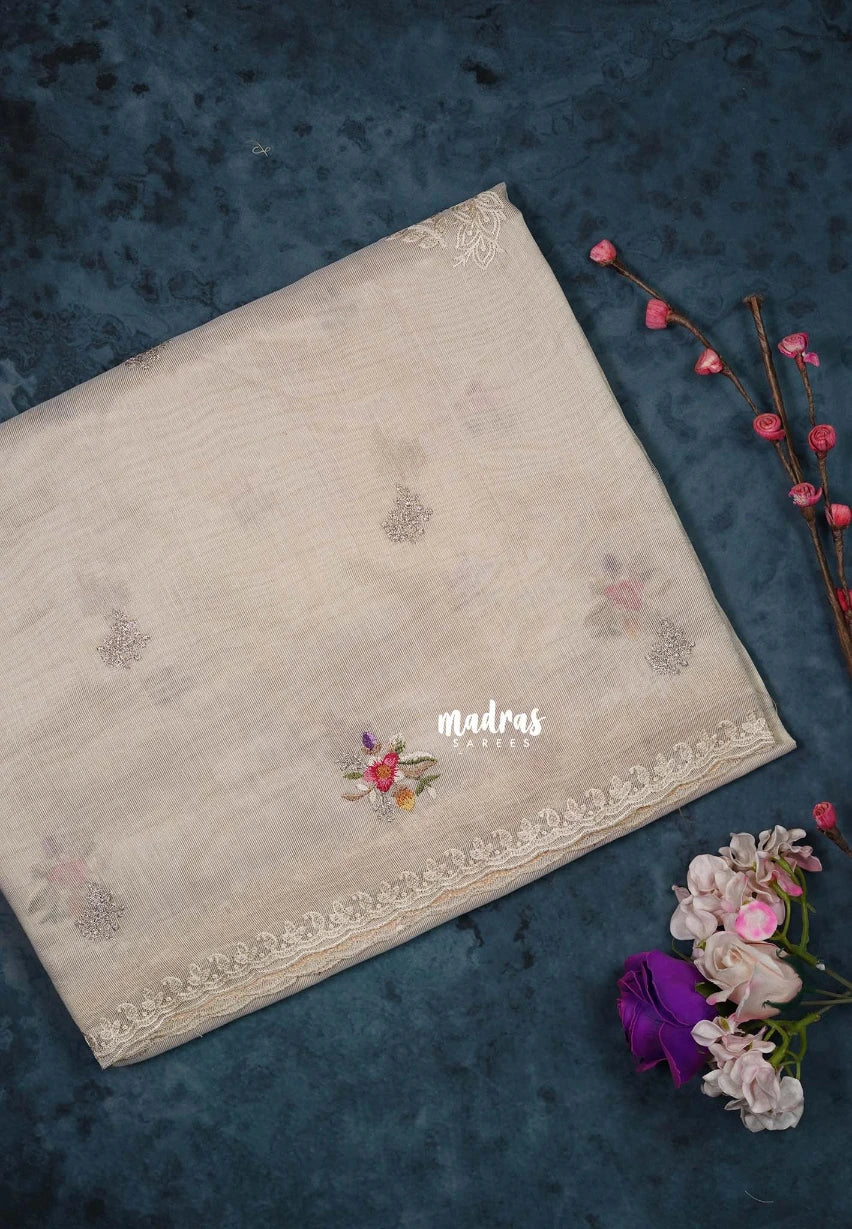 Taupe - ANJALI - Soft Tissue linen Saree Petite Embroidery with Scallop - Perfect for Festive Wear