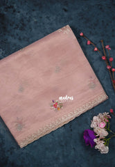 Blush Pink - ANJALI - Soft Tissue linen Saree Petite Embroidery with Scallop - Perfect for Festive Wear