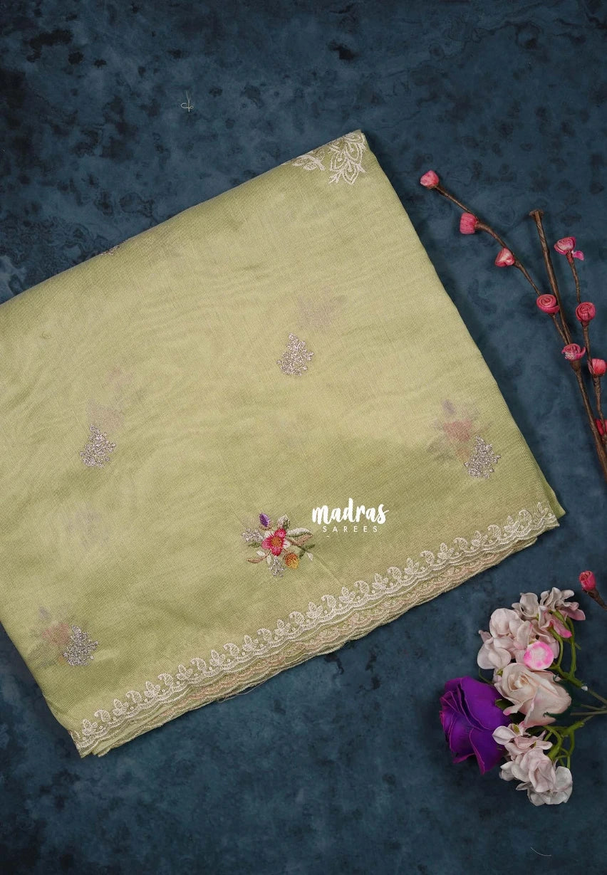 Pastel Lime Green - ANJALI - Soft Tissue linen Saree Petite Embroidery with Scallop - Perfect for Festive Wear