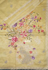 Pastel Yellow - ANJALI - Soft Tissue linen Saree Petite Embroidery with Scallop - Perfect for Festive Wear