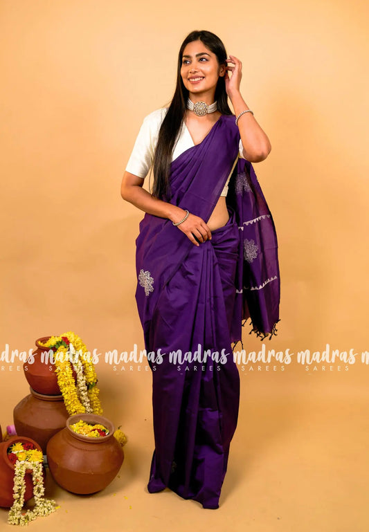 Purple - Ambigai -  Handpainted Tamilnadu kolam south cotton with raw silk blouse combo