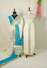 Ivory white with Blue - Hand-Painted South Cotton Haldi Special Saree & Raw Silk Dhoti Combo for Couples