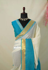 Ivory white with Blue - Hand-Painted South Cotton Haldi Special Saree & Raw Silk Dhoti Combo for Couples