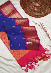 MS Amma Blue - Sowbhagya Gift silk – Soft Silk Elegance Saree Traditional Flower Border Weaving Buttas with Contrast Pallu and Blouse - Perfect for Festive Celebration